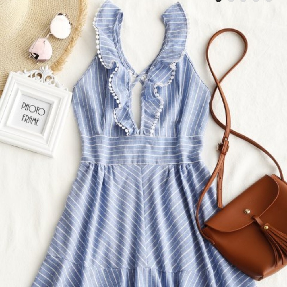 Striped Ruffle Criss Cross Back Mini Dress